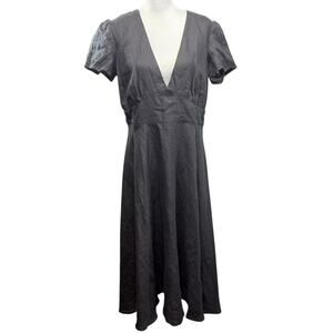 Linen Handmade Studio NWT Deep V Neck Linen Midi Dress Sicily Black Size 14